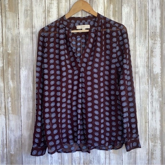 Loft Maroon Sheer Raised Print Button Down - Picture 2 of 7